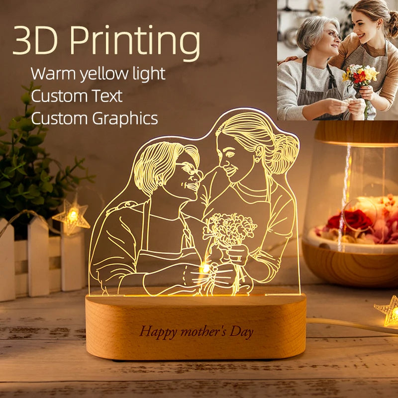 Personalized Acrylic Lamp Customized Photo Text Night Light  USB Wooden Base Wedding Mother's Day Party  Gift