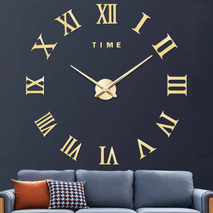 Gold Giant Roman Numerals Frameless Mirror Wall Clock from Kathinscribe highlighting oversized design and luxurious appeal.