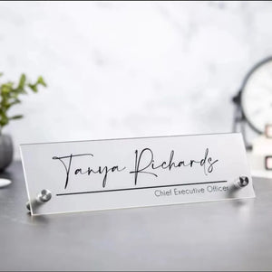 Personalized Desk Name Plate, customizable with name and title, perfect for office decor.